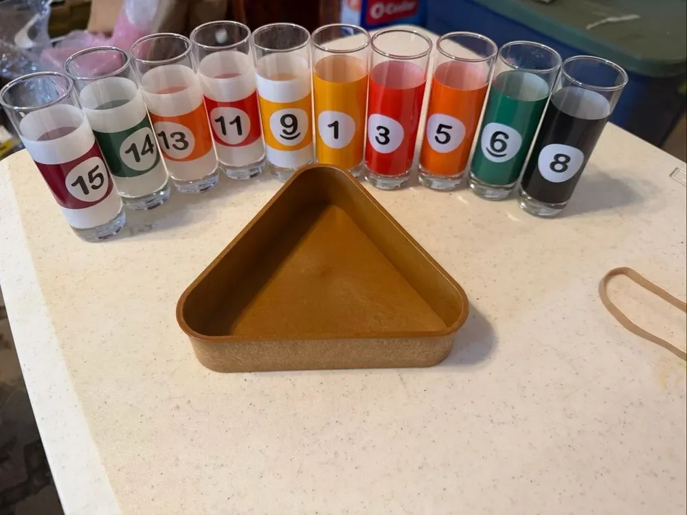 Set of 10 Numbered Billiard Pool Ball Shot Glasses with Plastic Triangle Rack